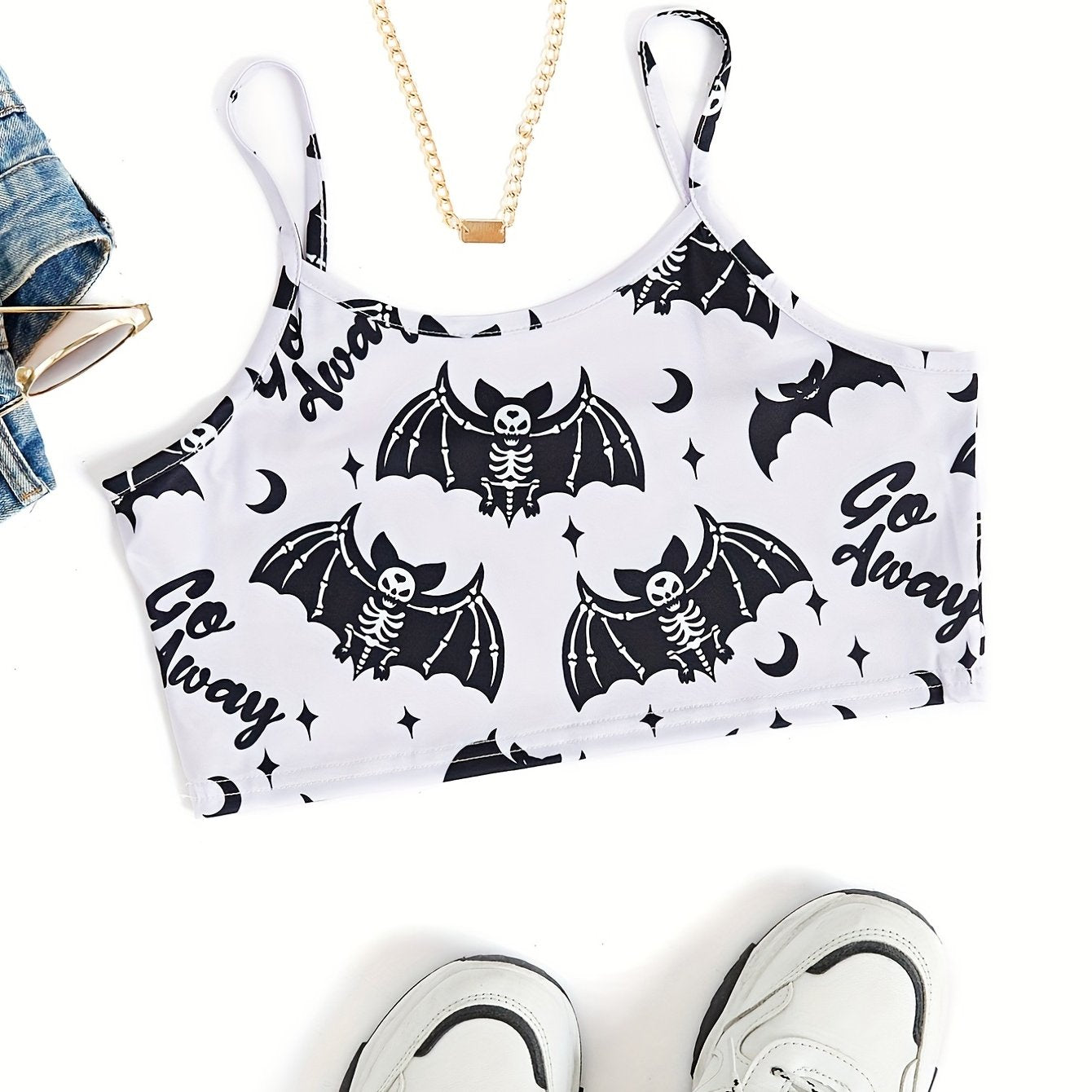 Skull Print Crop Spaghetti Top Y2K Backless Cami Top Women's Clothing