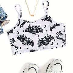Skull Print Crop Spaghetti Top Y2K Backless Cami Top Women's Clothing