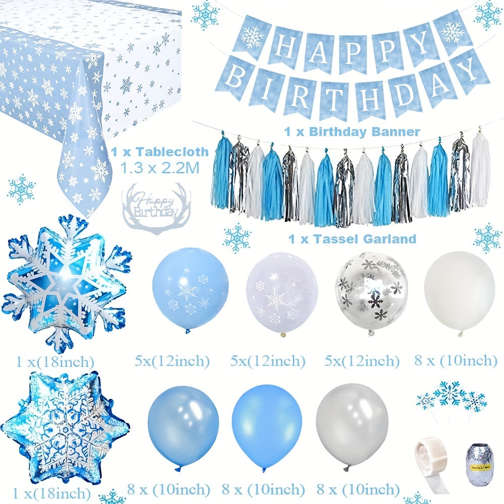 Snowflake Birthday Balloon Set with Banner & Tablecloth
