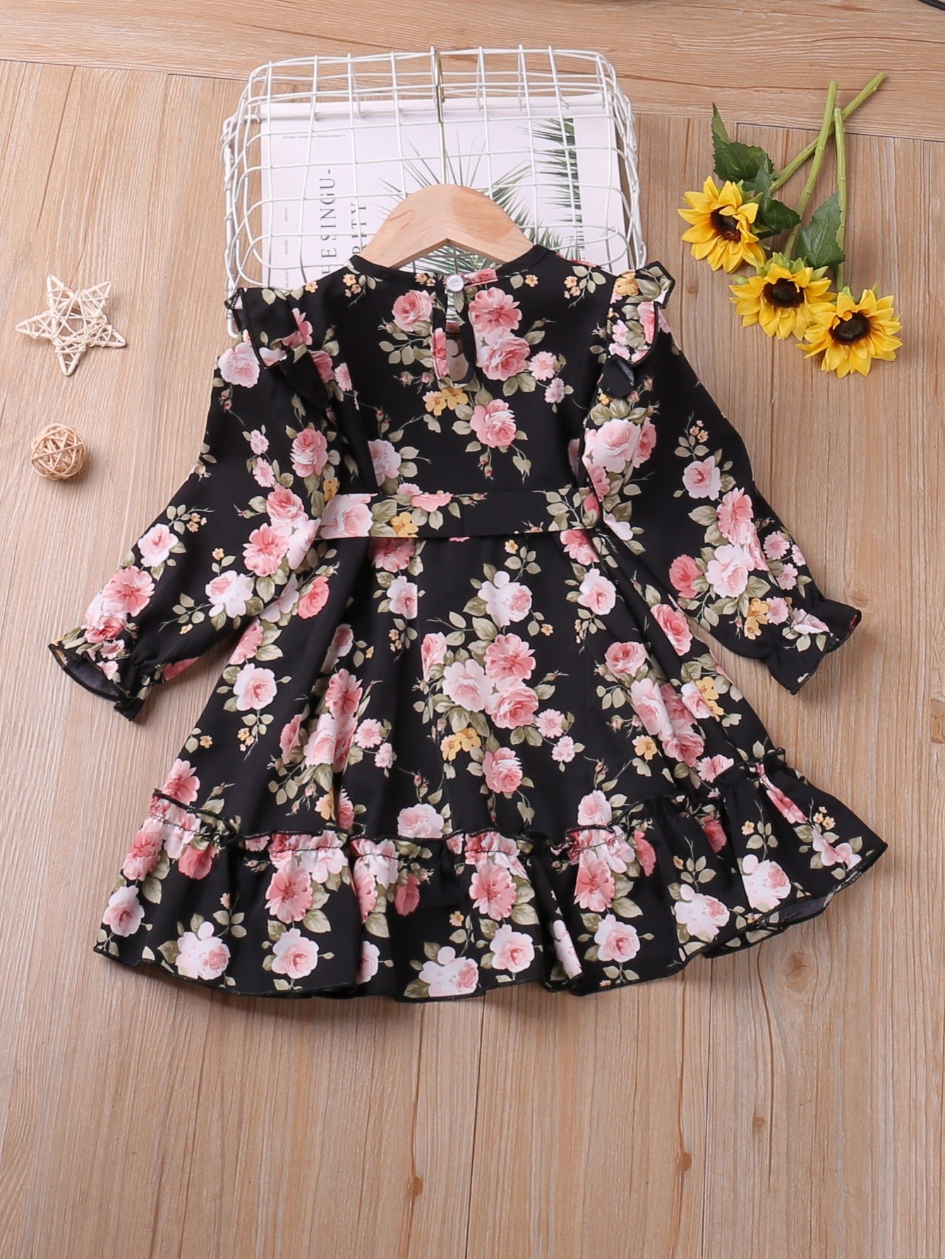 Toddler Girls Floral Print Ruffle Long Sleeve Dress Kids Clothes