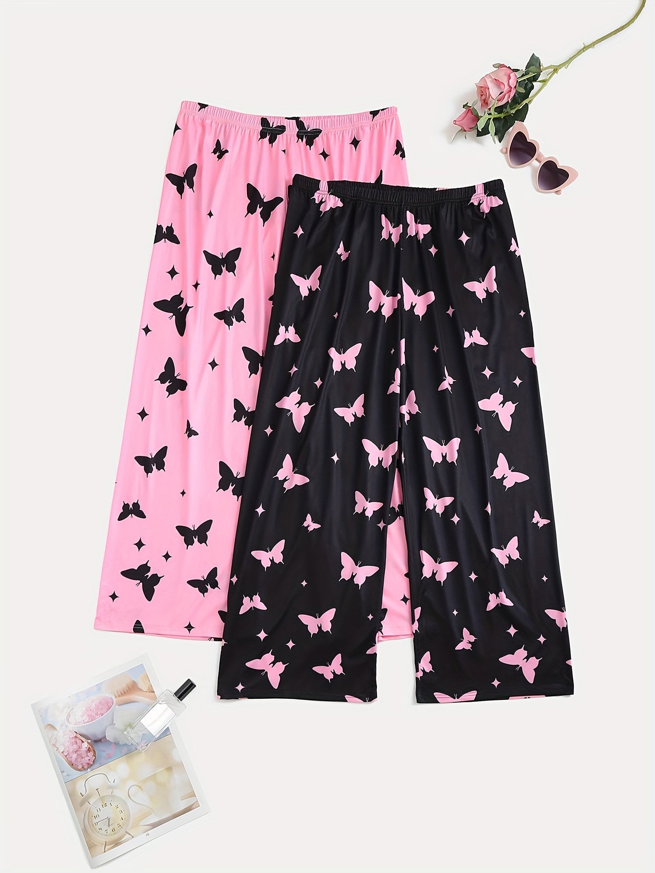 2 Pack Plus Size Y2K Sleep Bottoms Set Women's Plus Butterfly Print