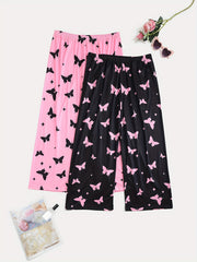 2 Pack Plus Size Y2K Sleep Bottoms Set Women's Plus Butterfly Print