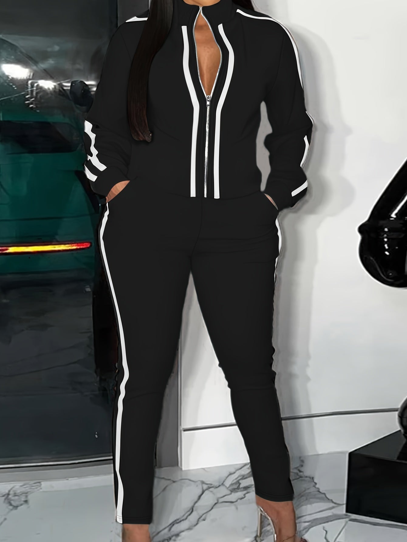 Plus Stripe Print Two Piece Set High Neck Jacket & Pants