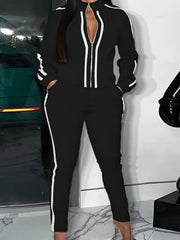Plus Stripe Print Two Piece Set High Neck Jacket & Pants