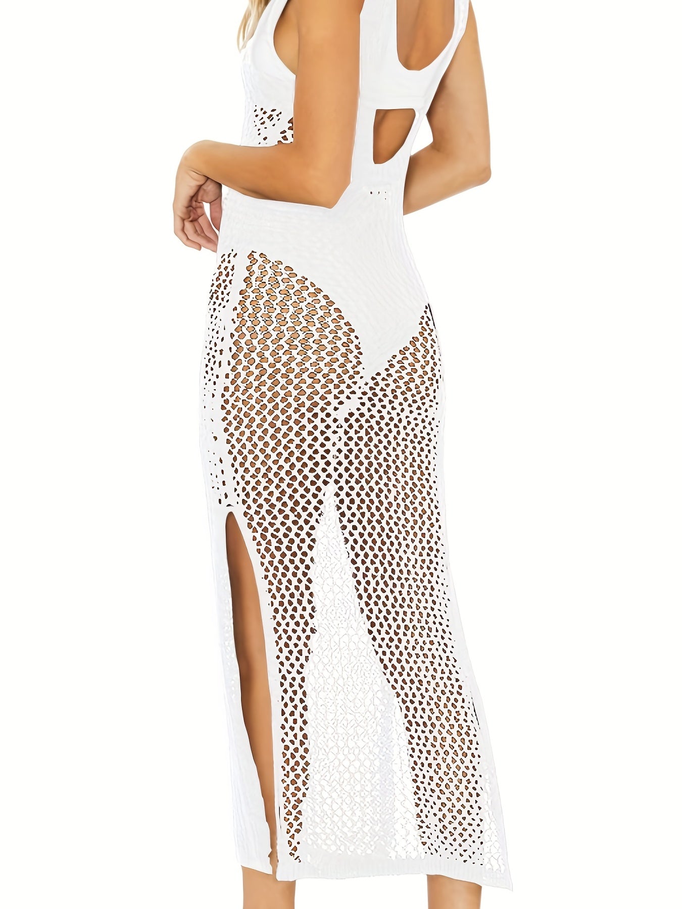 Round Neck Cover Up Dress Hollow Out See Through Backless Split Crochet Dress