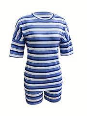 Striped Print Casual Two piece Set Crew Neck Short Sleeve Tee & Shorts