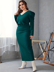 Solid Draped Long Sleeve V Neck Bodycon Midi Dress