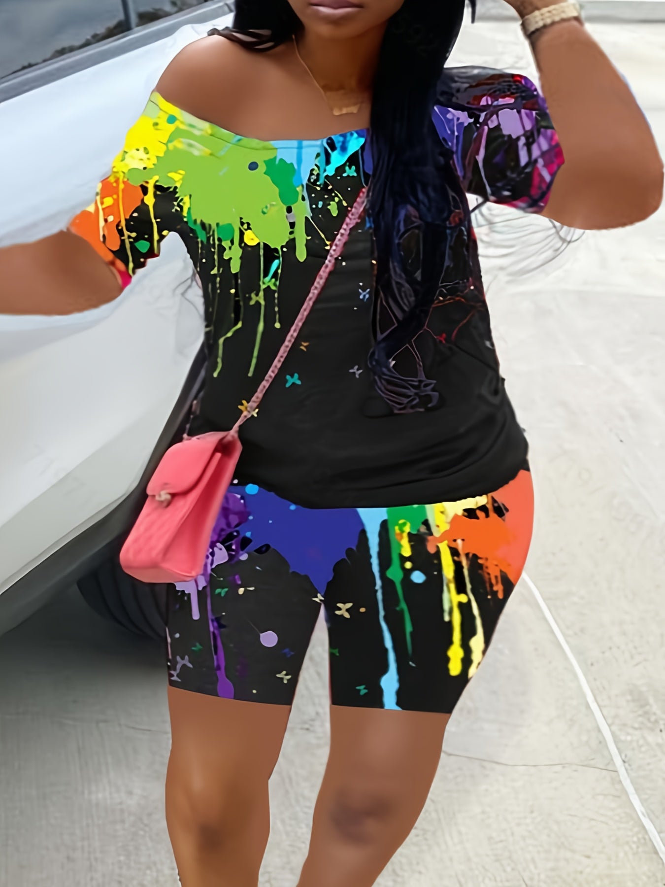 Women's Plus Painting Print Tee & Shorts Set