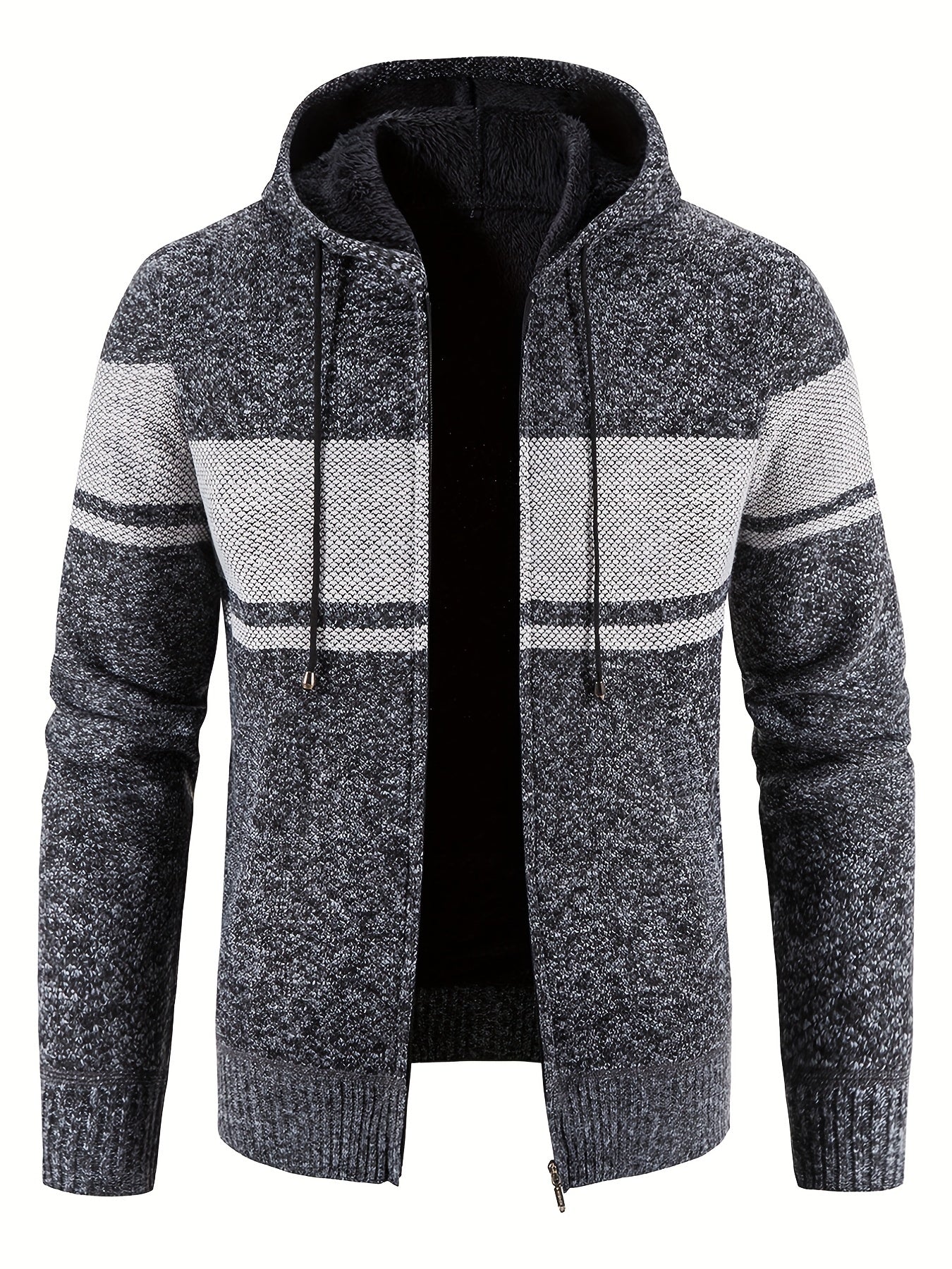 Knitted Block Hooded Sherpa Lined Cardigan Casual Zip Up Jacket