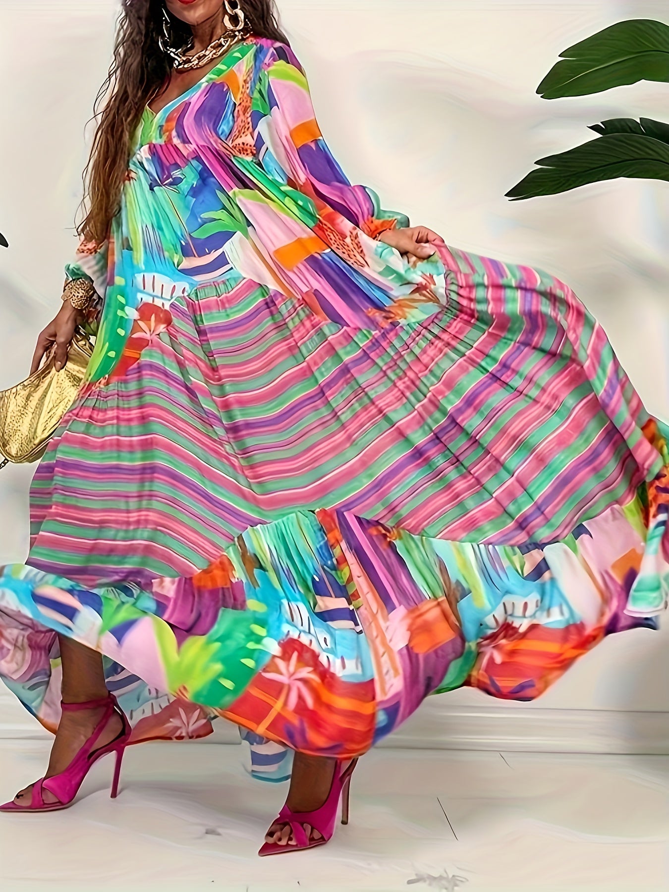 Patchwork Print Lantern Sleeve V Neck Maxi Dress