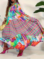 Patchwork Print Lantern Sleeve V Neck Maxi Dress