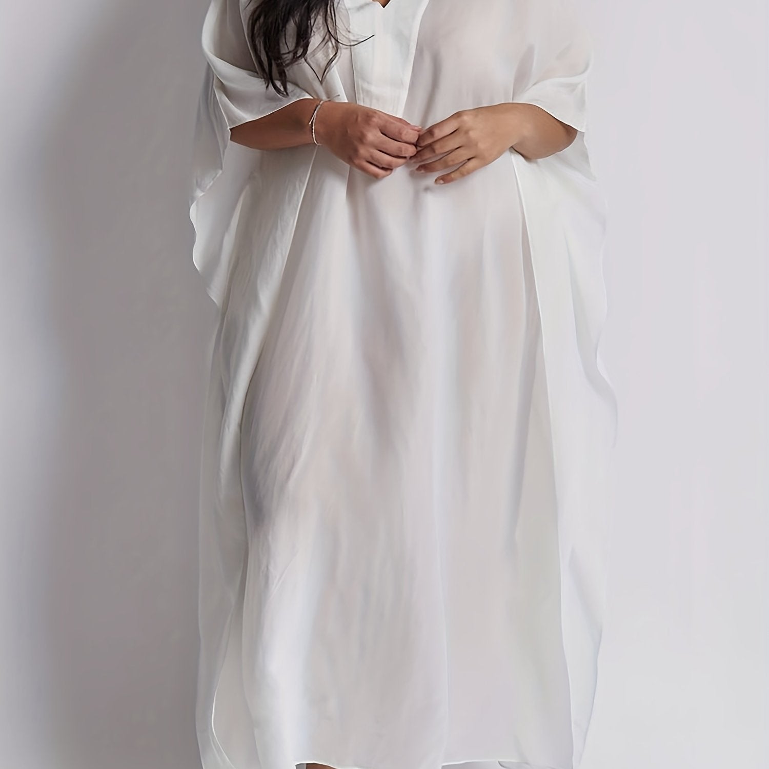 Solid Bat Sleeve V Neck Maxi Cover Up Dress