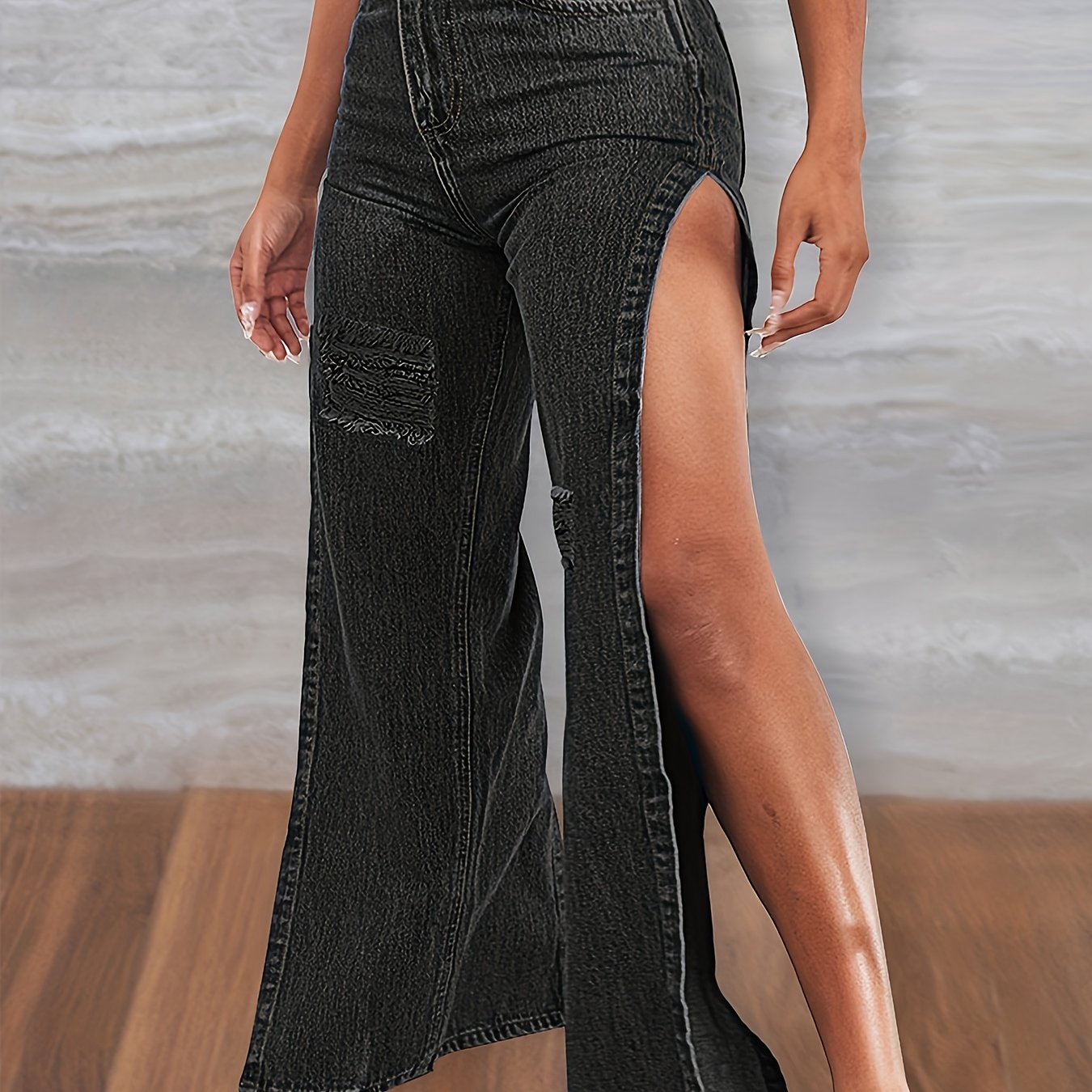High Rise Snowflake Fabrics Split Thigh Washed Denim Jeans