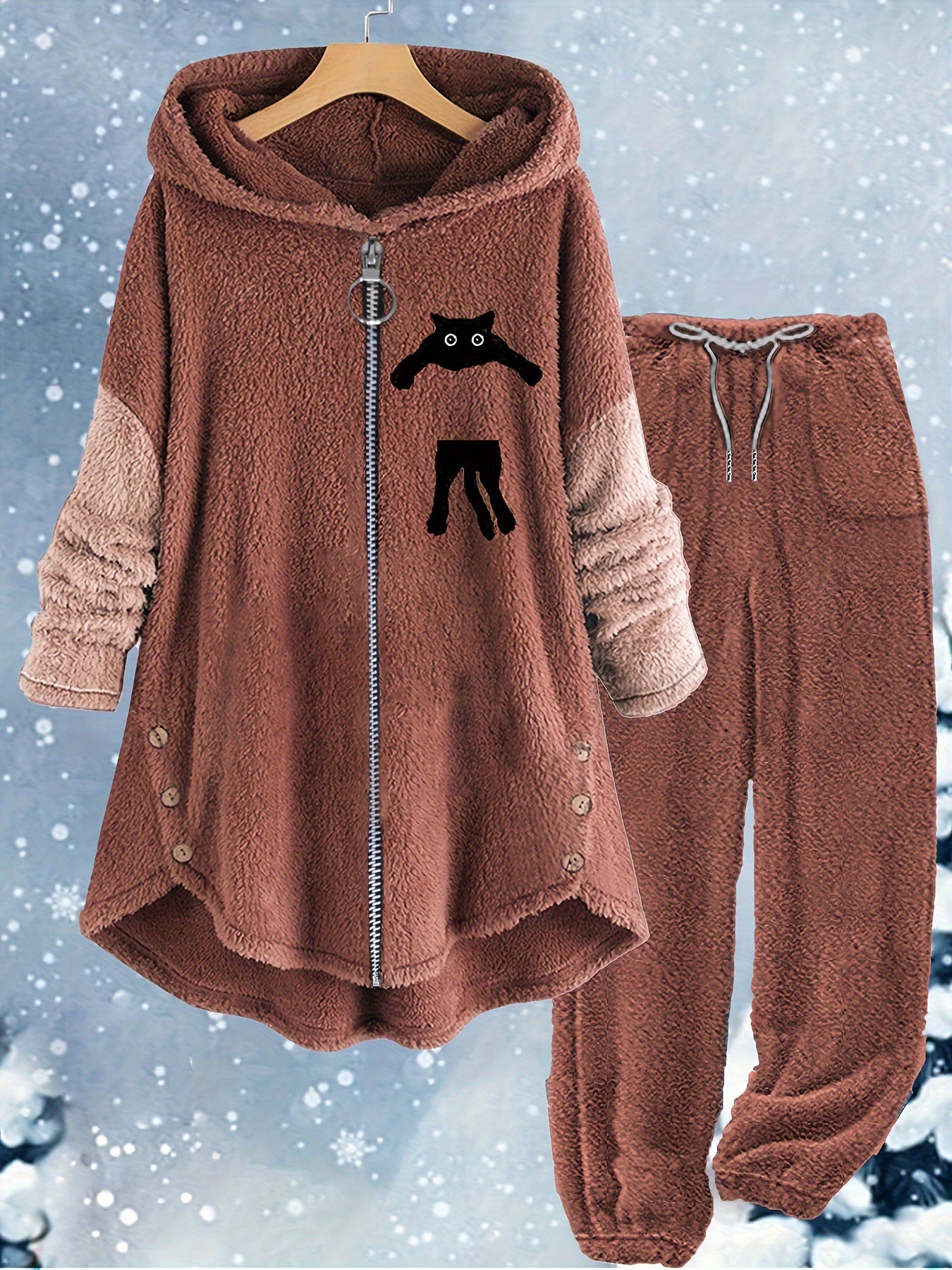 Women's Plus Cat Long Sleeve Zipper Teddy Top & Pants Set