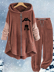 Women's Plus Cat Long Sleeve Zipper Teddy Top & Pants Set