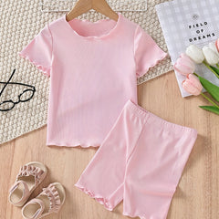 Girls Solid Bustier Round Neck Short Sleeve Pullover & Solid Shorts