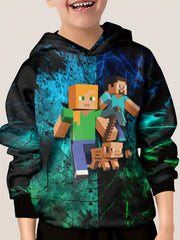 Pixel Human And Dog Print Boy's Hoodie - Long Sleeve Loose Hooded Sweatshirt