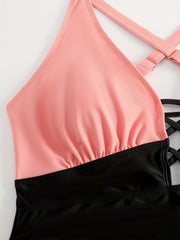 Colorblock Lace Up High Stretch One Piece Swimsuit