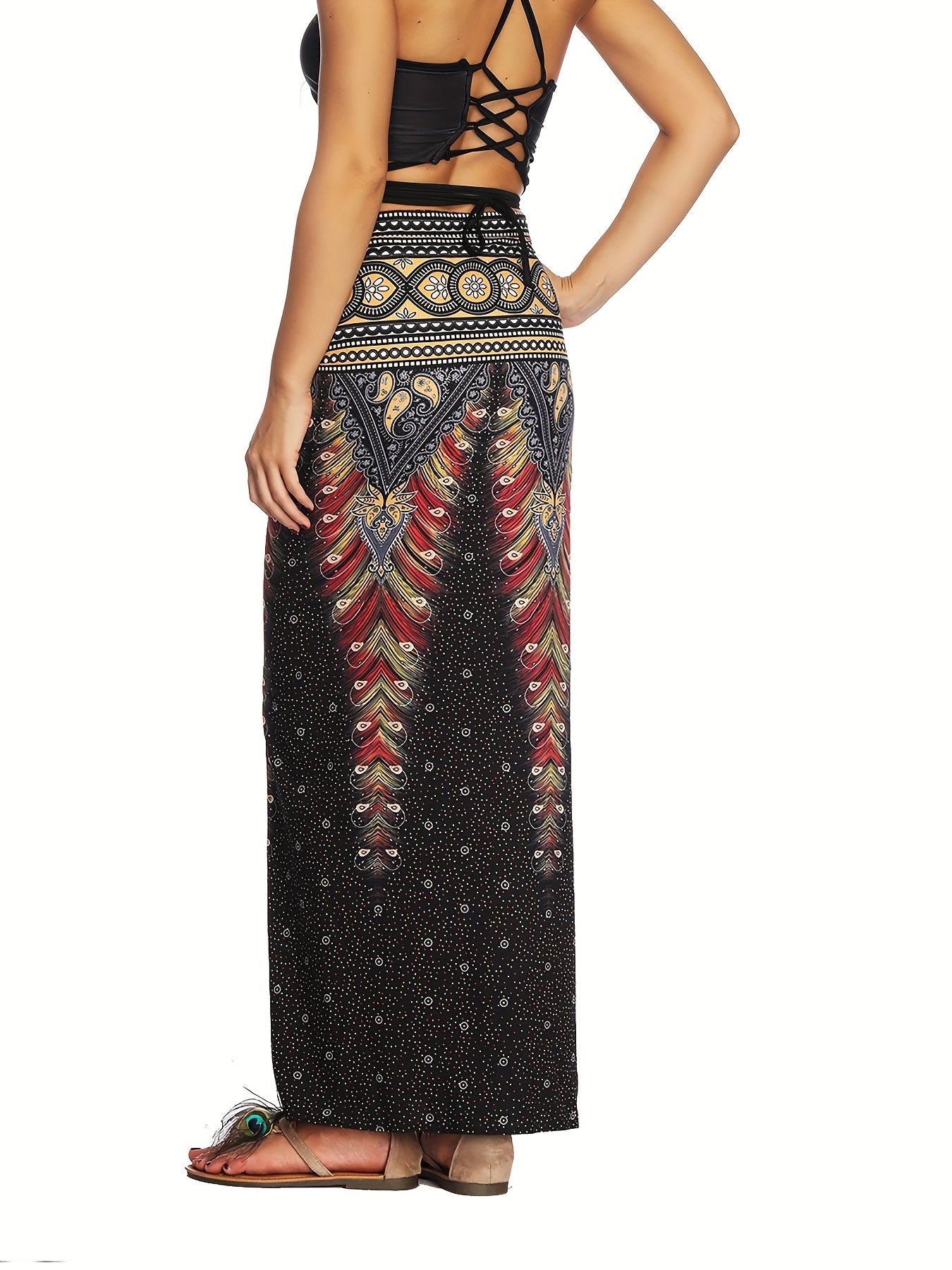 Ethnic Print Split Thigh Skirt Boho High Waist Maxi