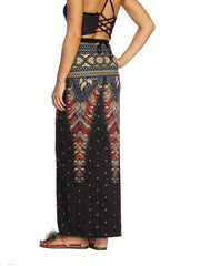 Ethnic Print Split Thigh Skirt Boho High Waist Maxi