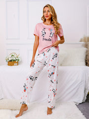 Panda Print Pajama Set Short Sleeve Top & Pants Women's Sleepwear & Loungewear