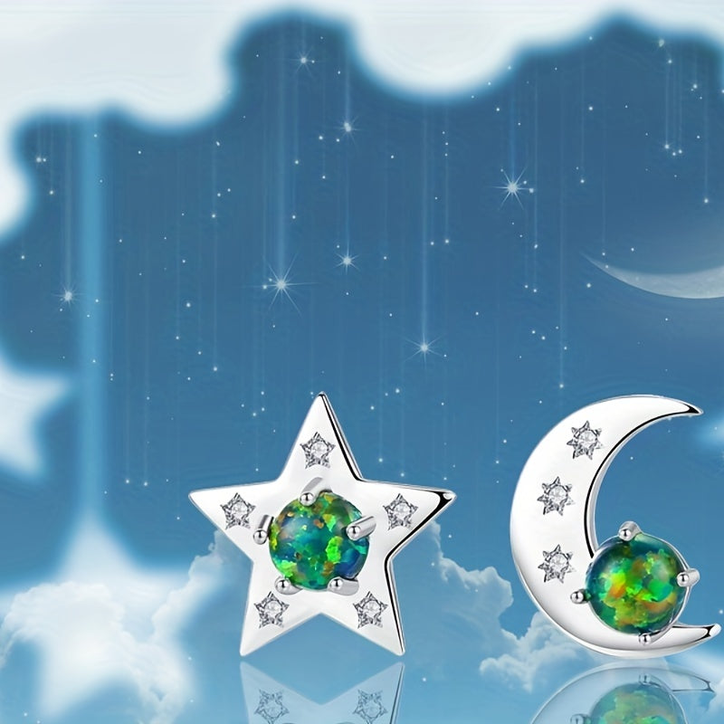 Girl's 925 Silver Star Moon Asymmetrical Stud Earrings