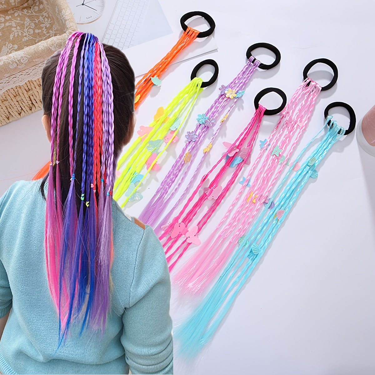 6pcs Colorful Braided Wigs Hair Ties With Decorations