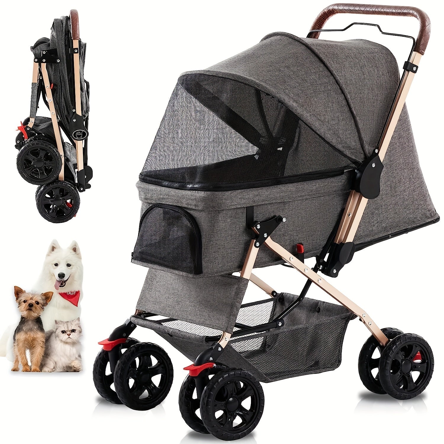 Pet Dog Stroller For Cats & Dogs, Weather Cover, Storage Basket