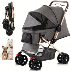 Pet Dog Stroller For Cats & Dogs, Weather Cover, Storage Basket