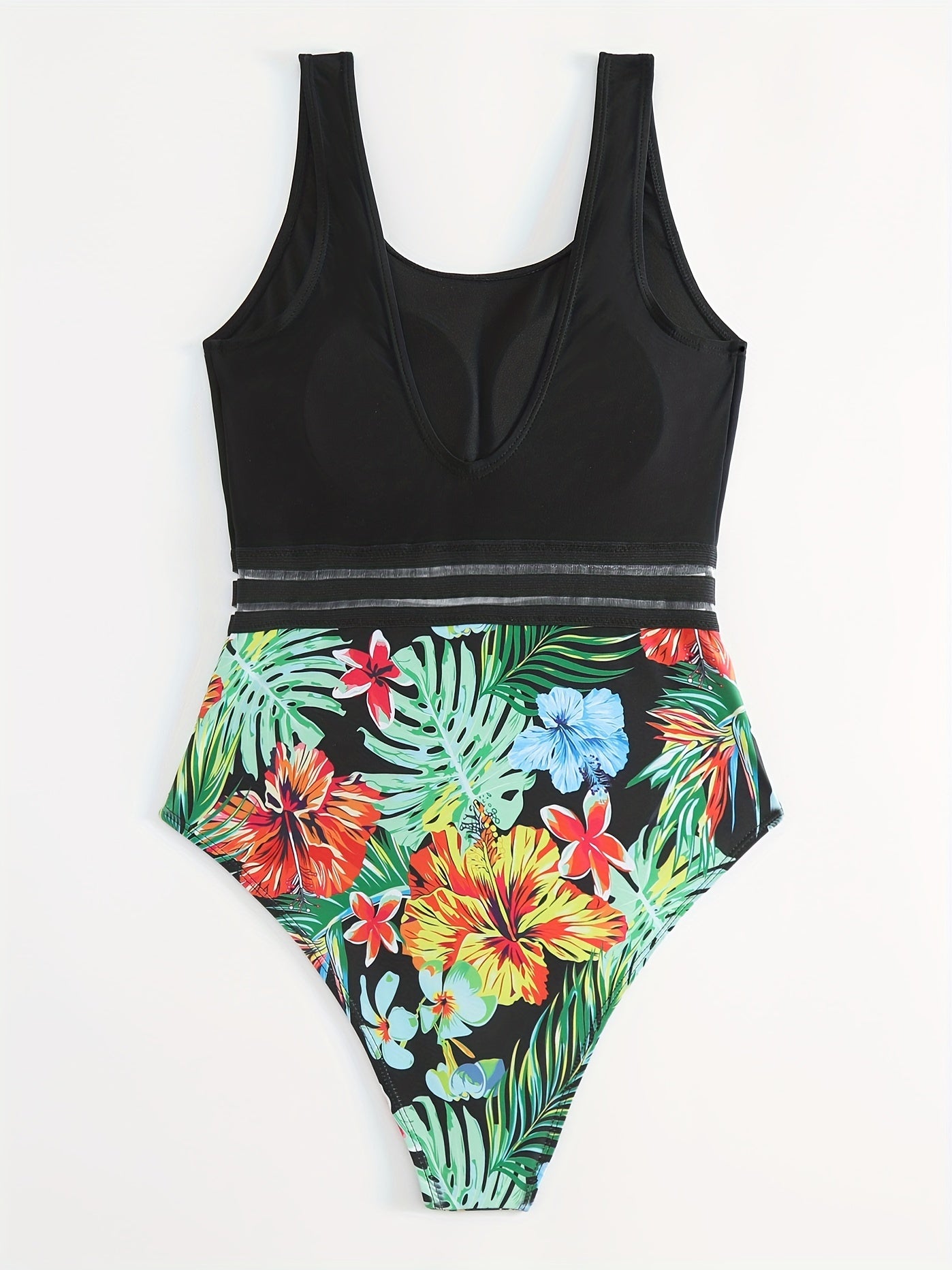 Tropical Floral Leaf Print Mesh Insert High Cut One Piece Swimsuit