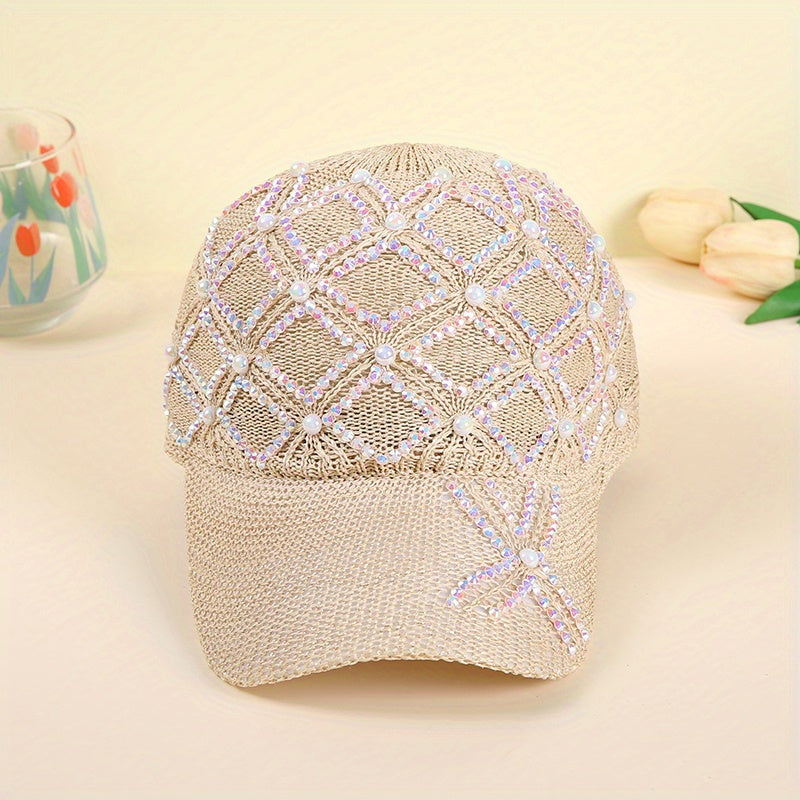 Beige Knit Baseball Cap with Faux Pearl Rhinestone Decor