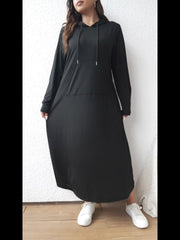 Solid Hooded Drawstring Maxi Dress