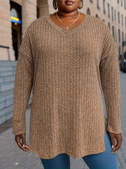 Solid Long Sleeve V Neck Ribbed Knit Top