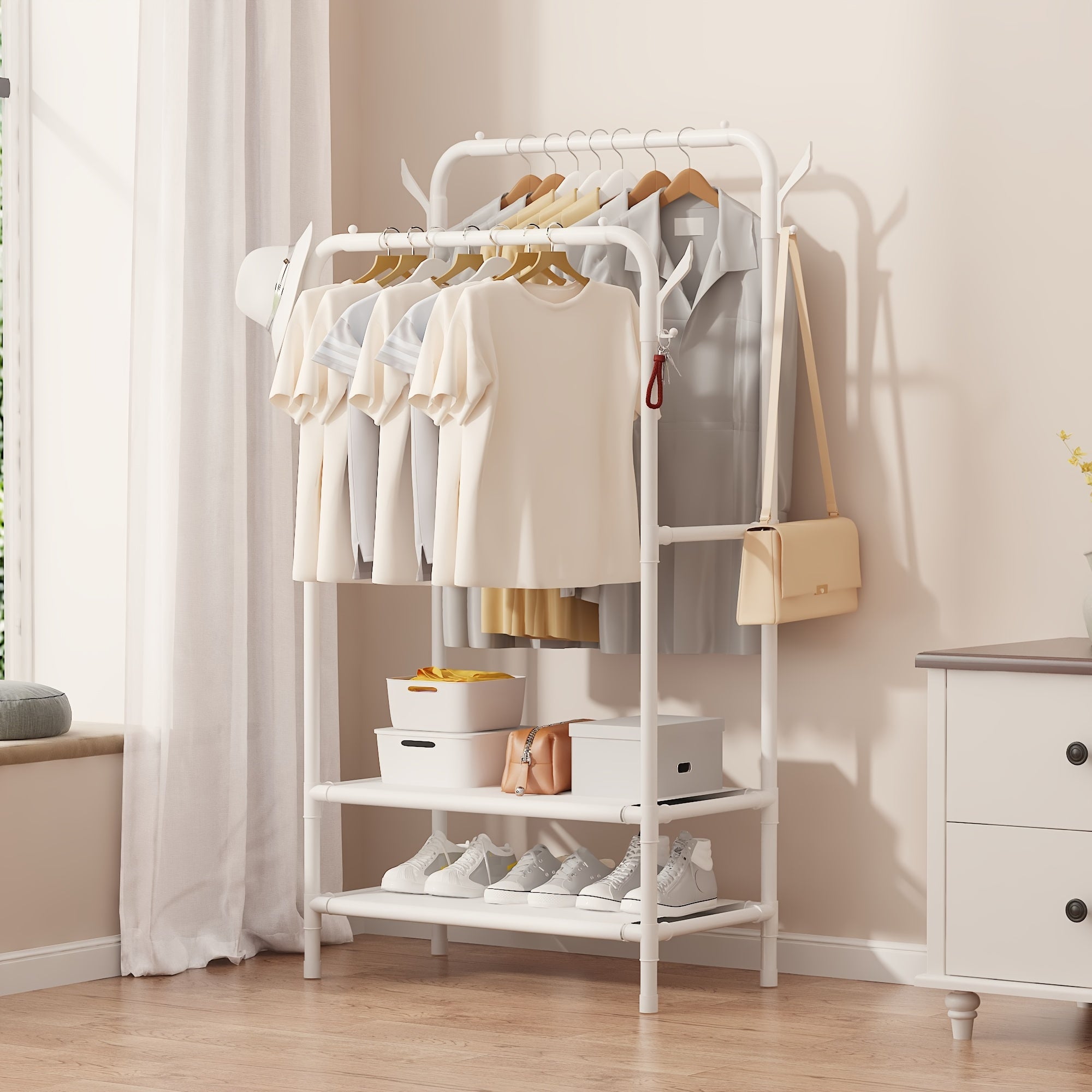 Garment Rack with Double Rods, Lower Storage, and Hooks