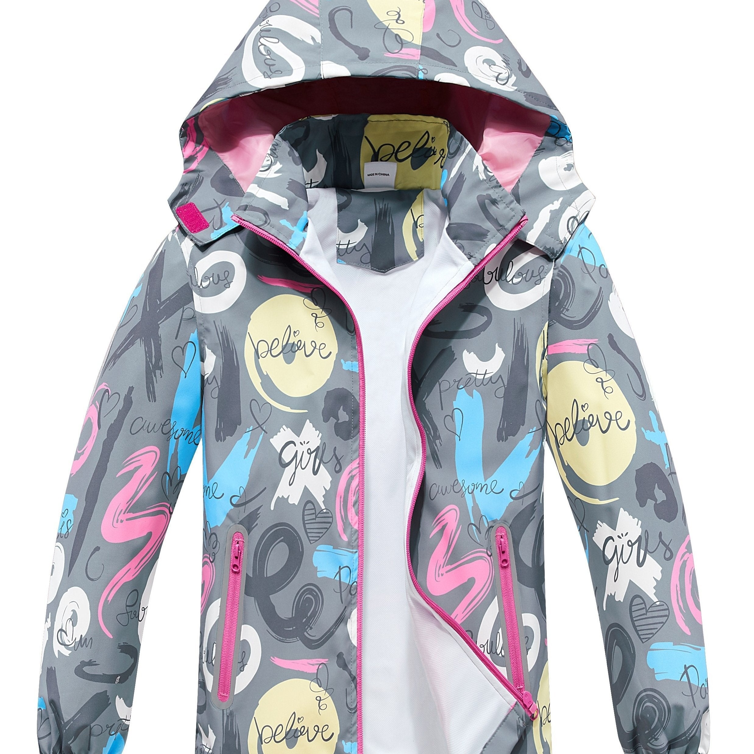 Girls' Graffiti Print Hooded Windbreaker Jacket