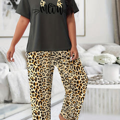 Leopard Cat Graphic Pajama Set Short Sleeve Tee & Wide Leg Pants