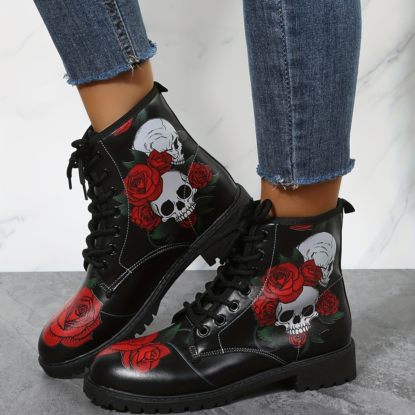 Women's Rose & Skull Print Short Boots Lace Up Ankle Boots