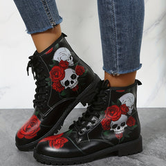 Women's Rose & Skull Print Short Boots Lace Up Ankle Boots