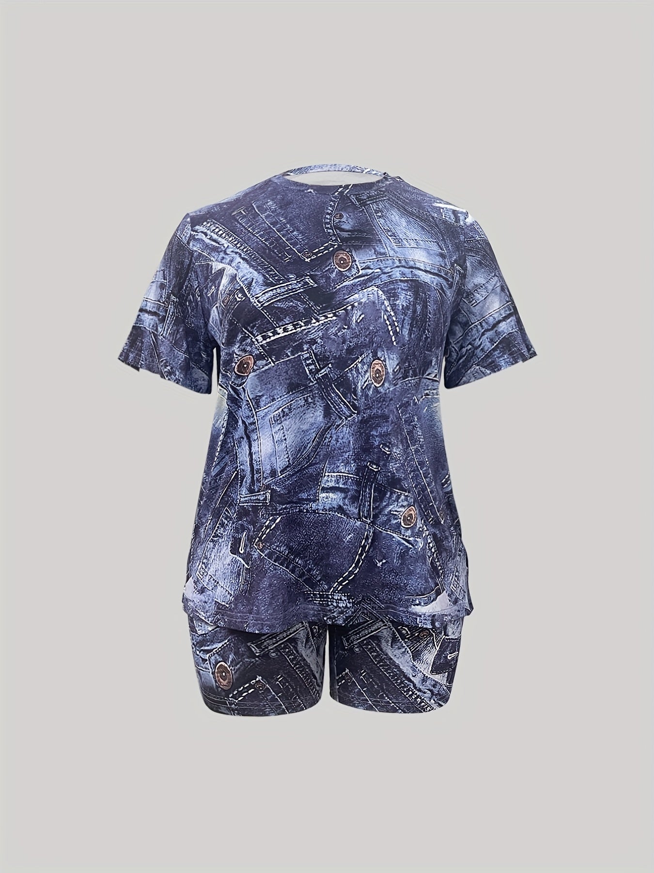 Women's Plus Denim Print Top & Shorts 2 Piece Set