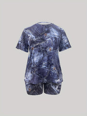 Women's Plus Denim Print Top & Shorts 2 Piece Set