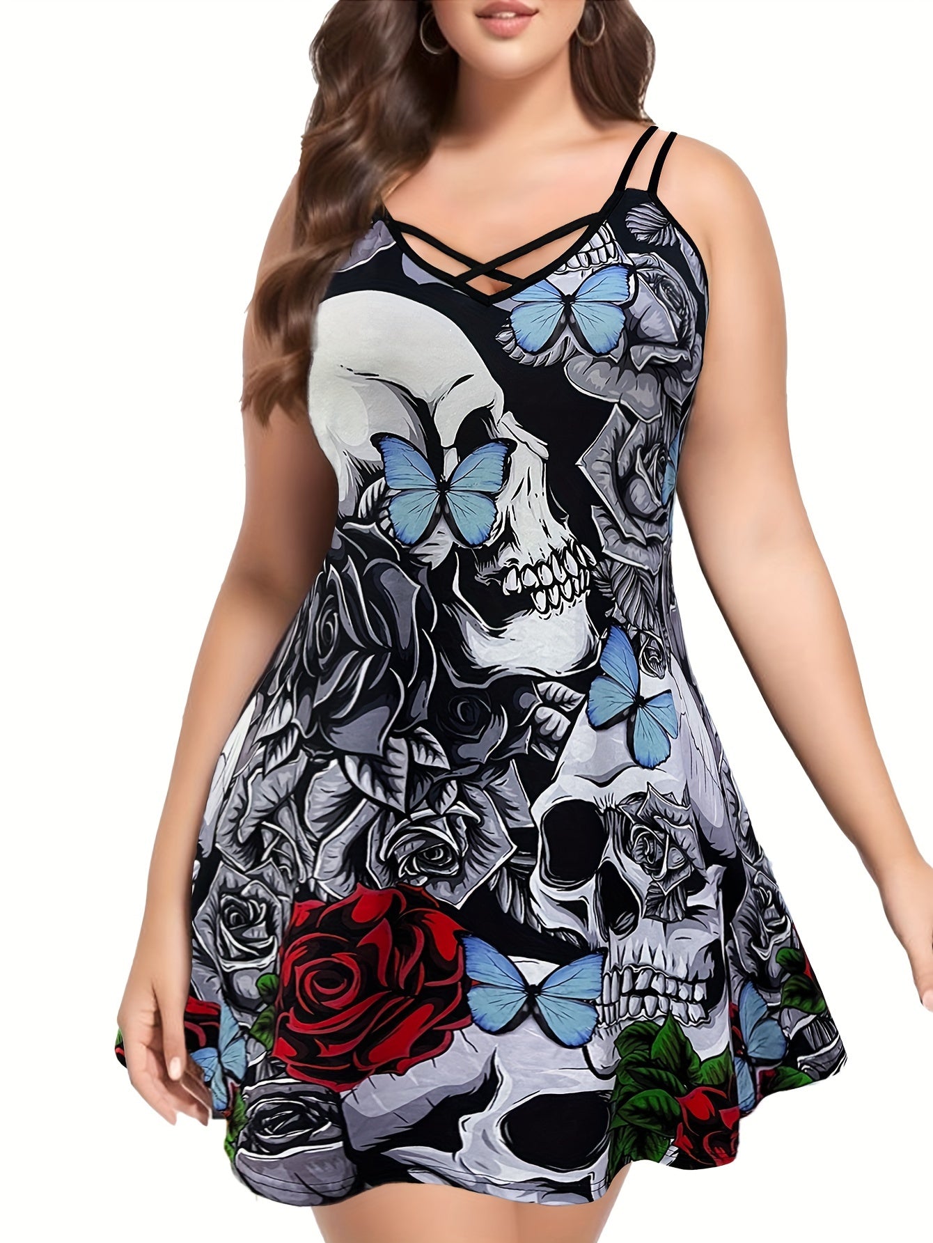 Goth Cami Dress Womens Plus Skull Floral Butterfly Print V Neck Cami