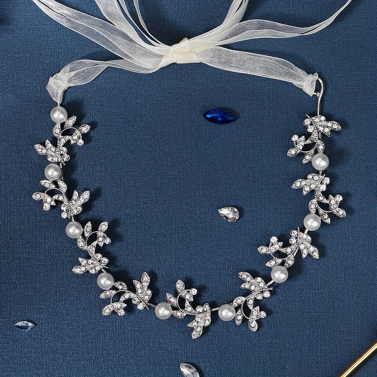 Faux Pearl & Rhinestone Leaf Headband Adjustable Bridal Hair Accessory