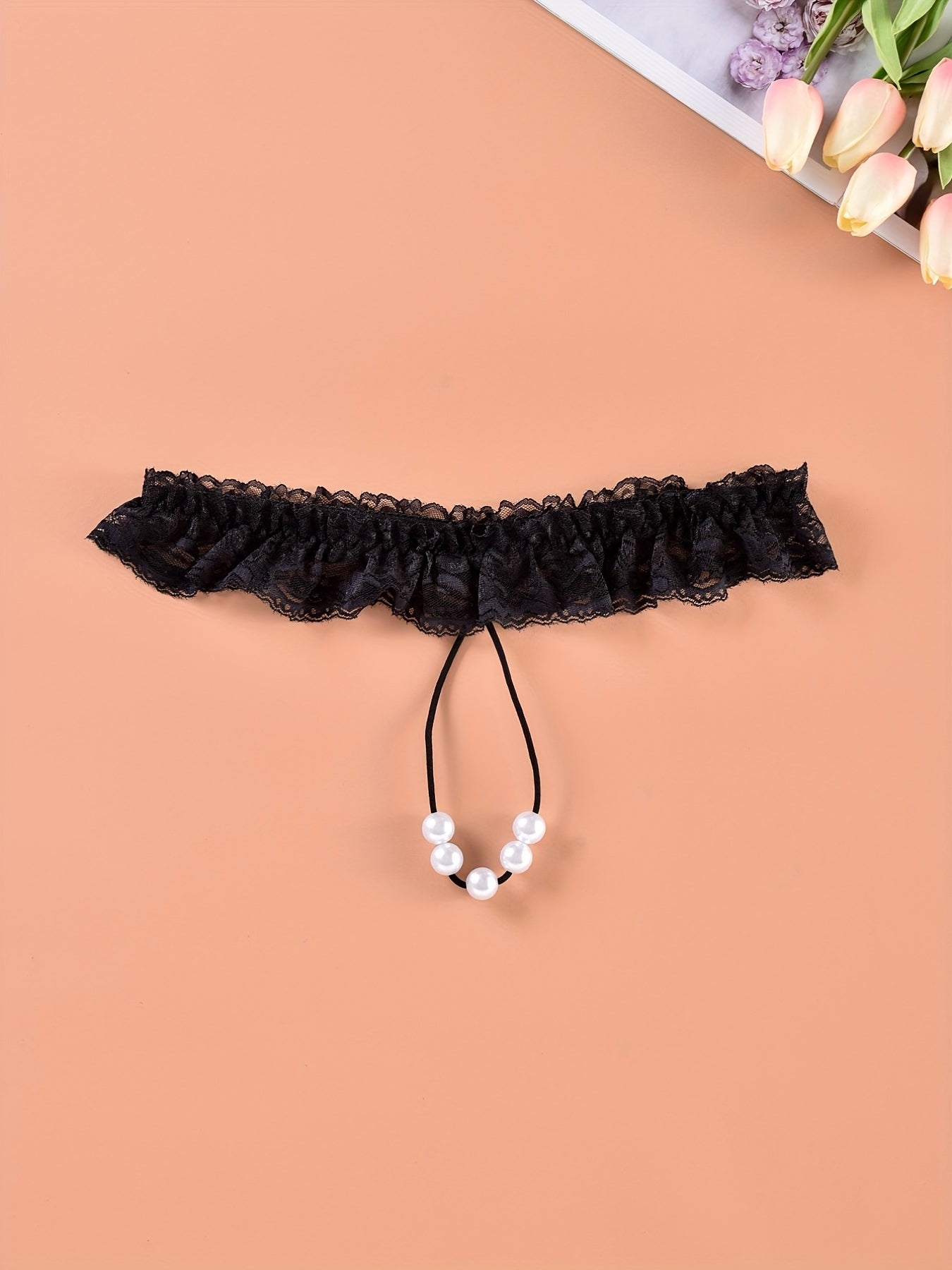 Floral Lace Ruffle Thongs with Faux Pearl Intimates Panties