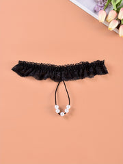 Floral Lace Ruffle Thongs with Faux Pearl Intimates Panties