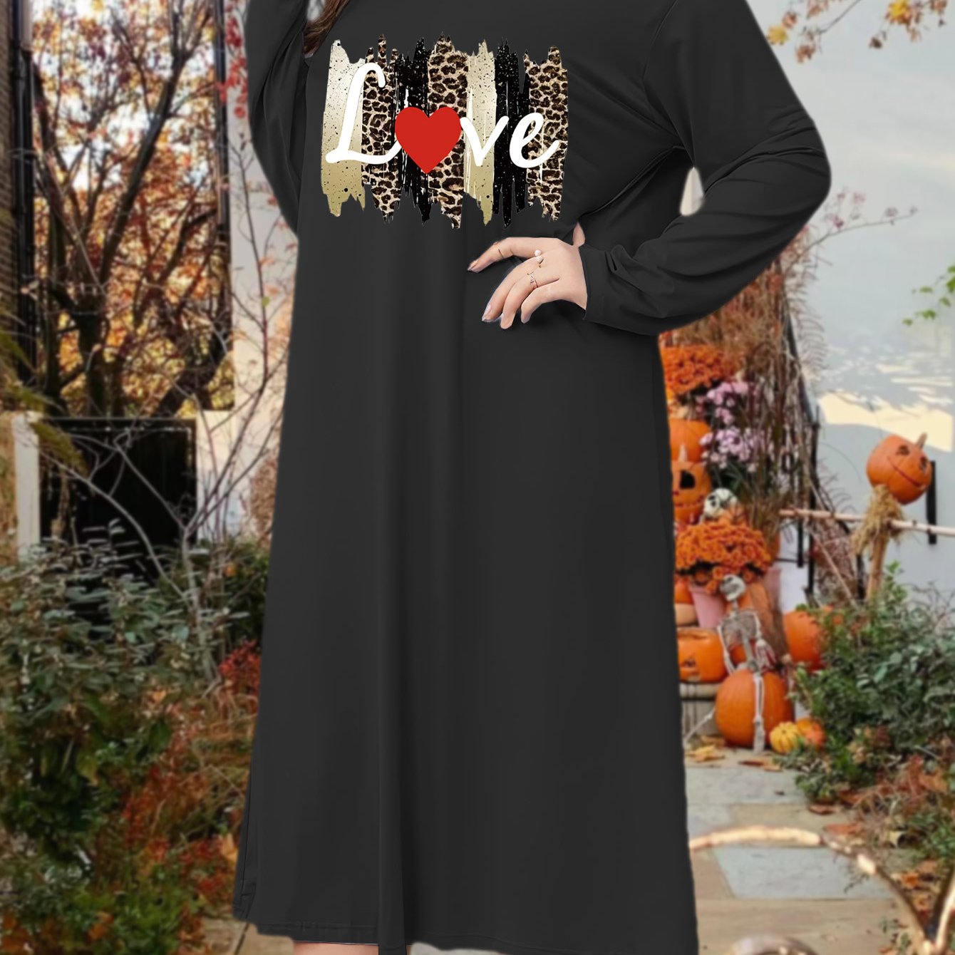 Leopard & Heart Print Long Sleeve Lounge Dress