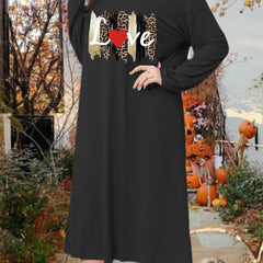 Leopard & Heart Print Long Sleeve Lounge Dress