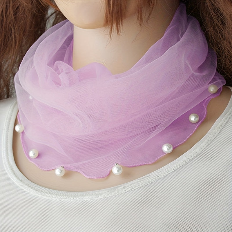 Faux Pearl Ruffle Scarf Gauze Neck Warmer Infinity Loop Scarf