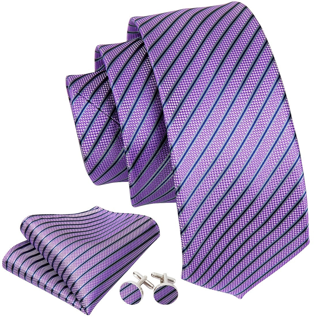 Barry Wang Classic Purple Tie Set Striped Plaid Silk Necktie Pocket Square Cuffl