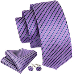 Barry Wang Classic Purple Tie Set Striped Plaid Silk Necktie Pocket Square Cuffl