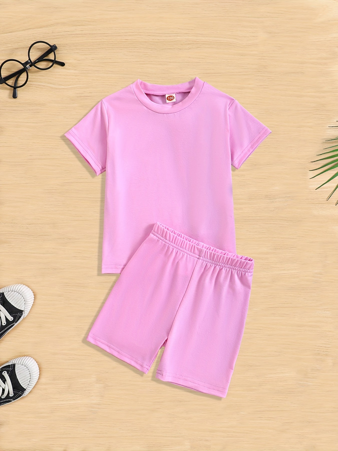 Girls 2pcs T shirt & Elastic Waist Shorts Set Solid Comfy Short Sleeve
